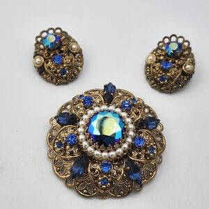 Vintage Western Germany‎ blue Rhinestone brooch and earrings filigree faux pearl